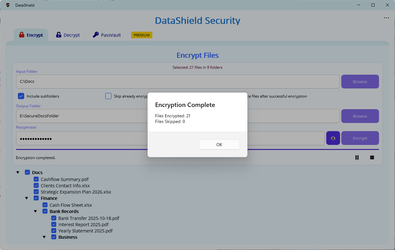 DataShield encryption completion summary