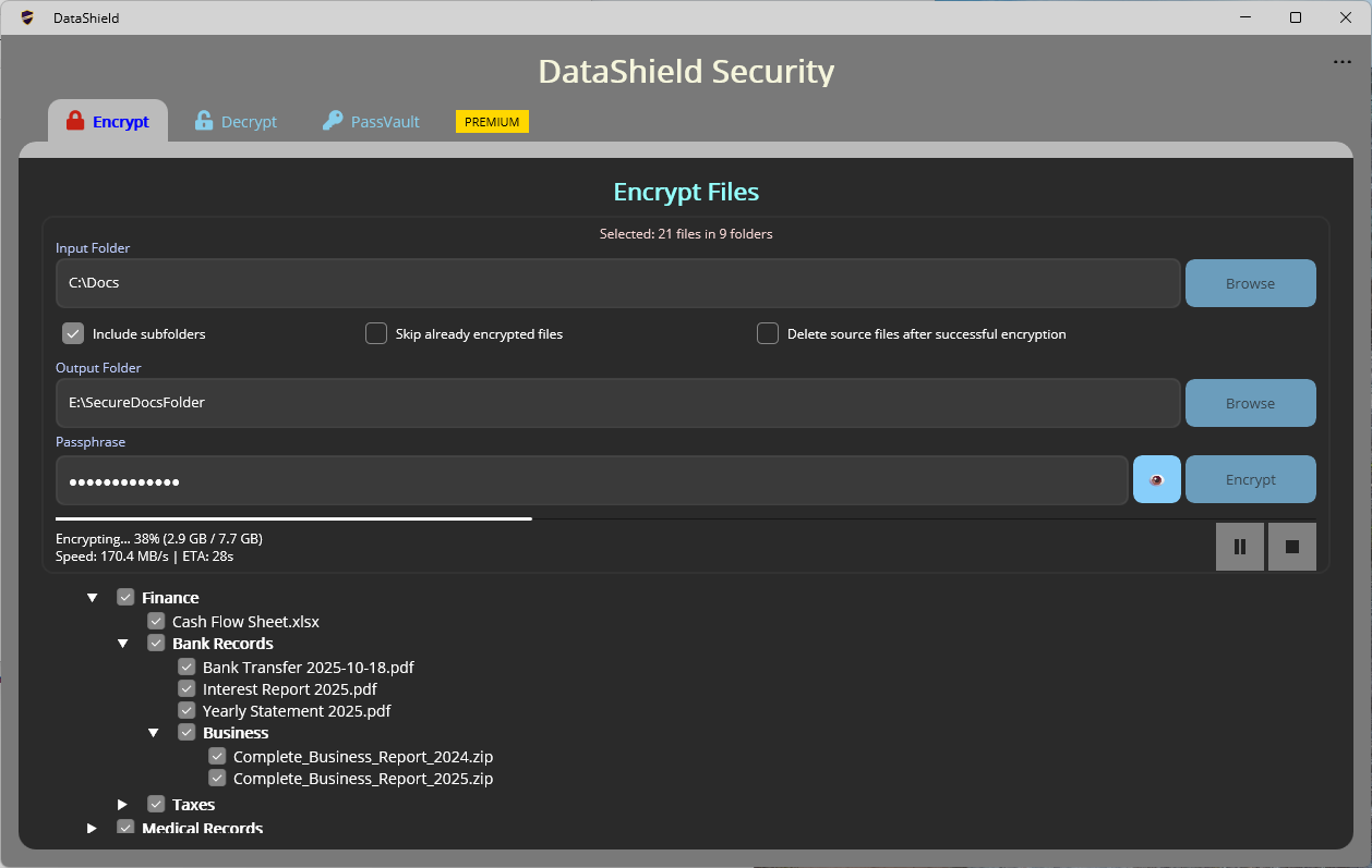 Actual DataShield encryption screen in dark theme