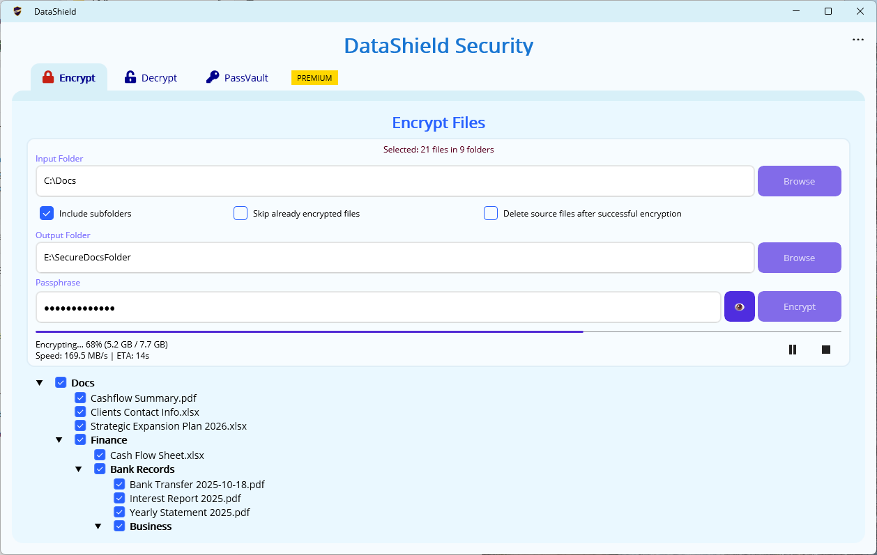 Actual DataShield Encrypt page with progress bar