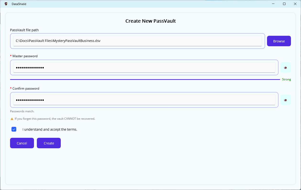 Creating a new DataShield PassVault