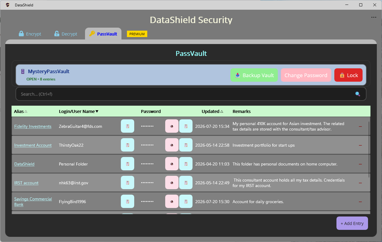 DataShield PassVault listing in dark theme