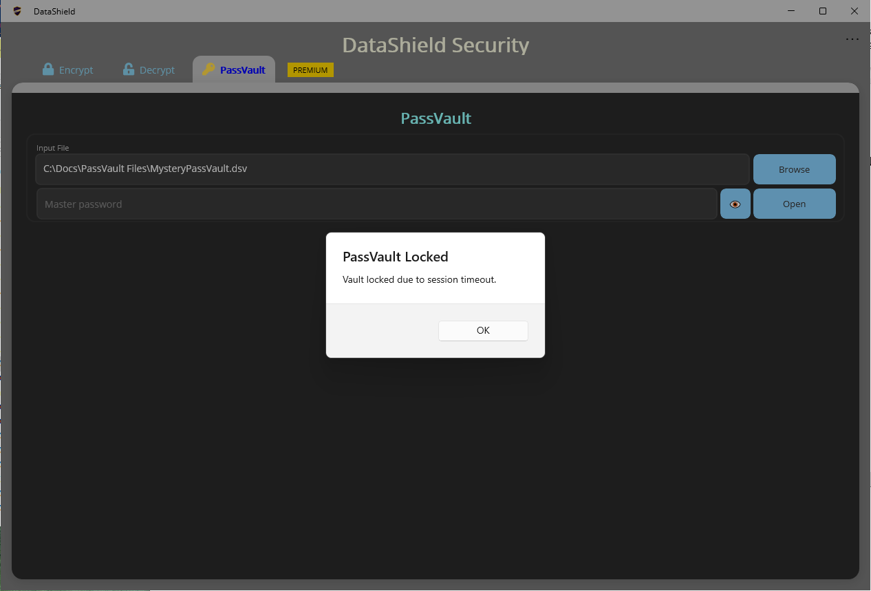 DataShield PassVault lock message in dark theme