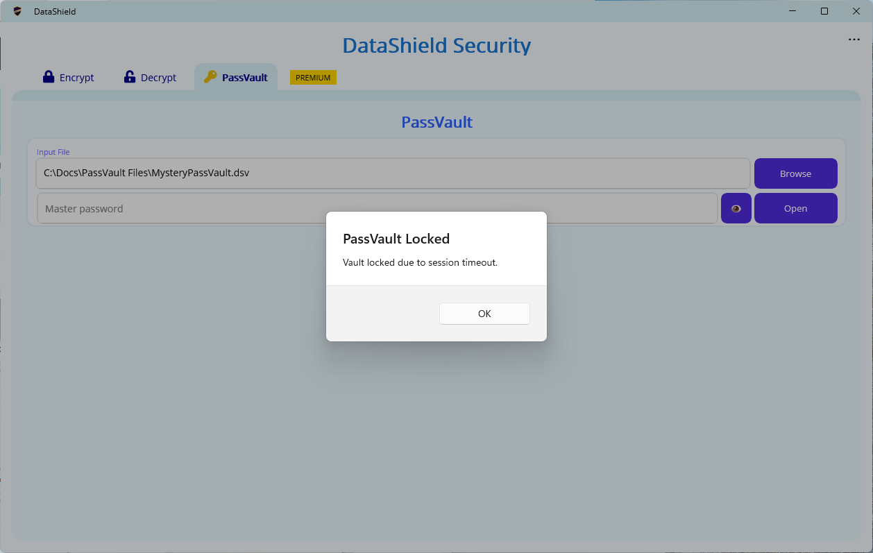 DataShield PassVault auto-lock message