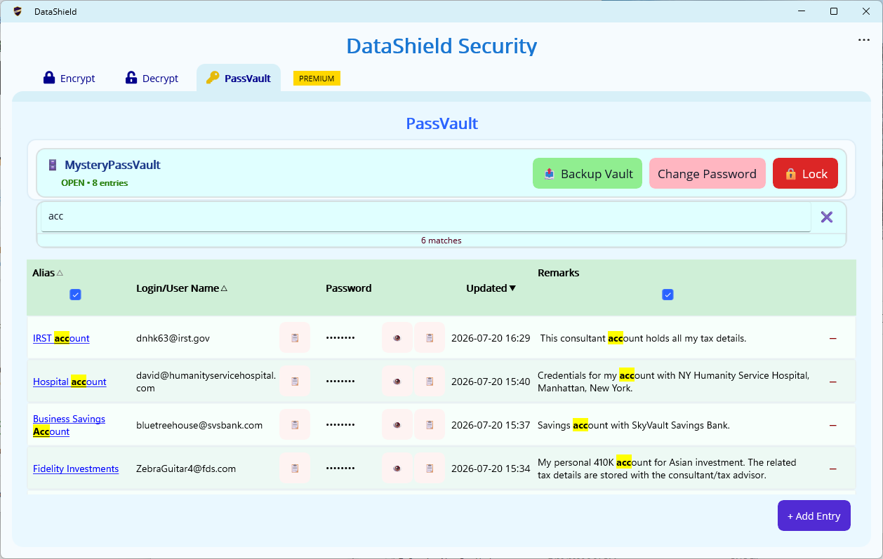 DataShield PassVault search results