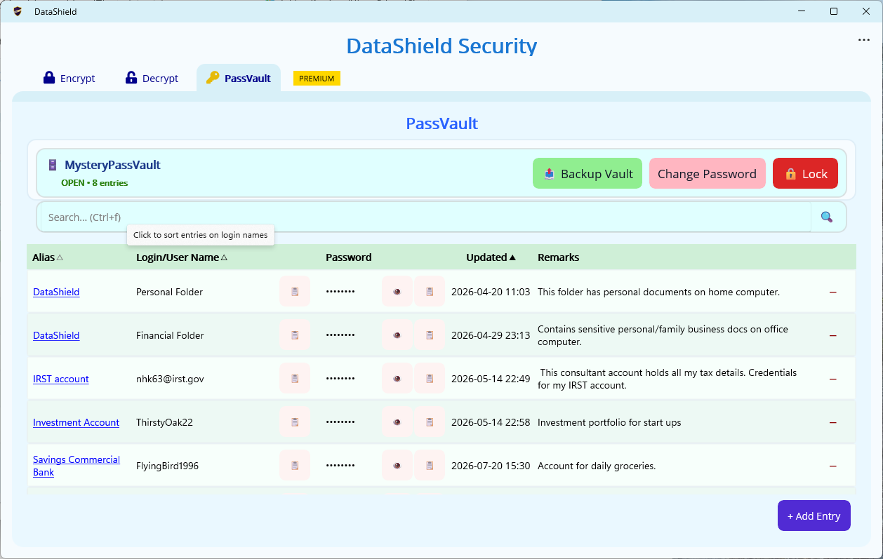 DataShield PassVault sorting controls